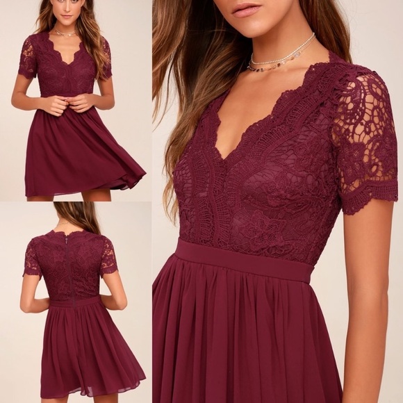Lulus Dresses & Skirts - Lulus NWT Angel in Disguise Burgundy Lace Skater‎ Dress fit Flare Pleated